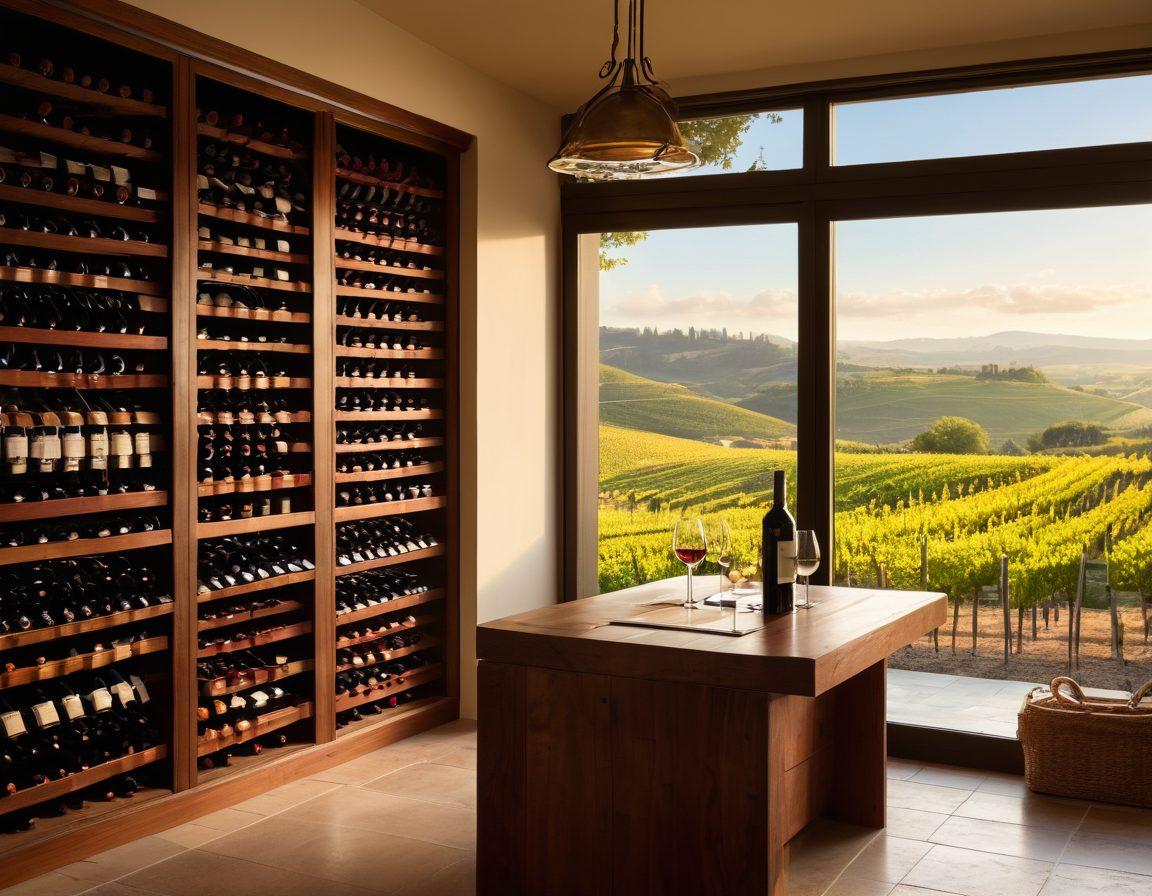 A sophisticated wine cellar showcasing wooden racks filled with various wine bottles, with a backdrop of a sunny vineyard and rolling hills. In the foreground, a professional-looking insurance document rests beside a glass of red wine, symbolizing insurance solutions specifically for wine businesses. The ambiance is warm and inviting, with soft lighting that enhances the richness of the wine hues. super-realistic. vibrant colors. soft lighting.