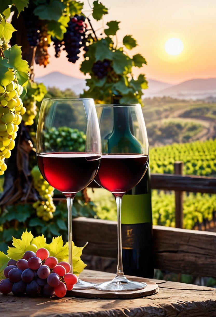 A visually striking composition depicting a vineyard at sunset, with lush grapevines laden with ripe grapes on one side and elegant wine glasses filled with red and white wine on the other. In the foreground, a protective shield or barrier symbolizes wine protection plans. The background features a soft golden glow illuminating the vineyard, emphasizing quality and care. super-realistic. vibrant colors. soft focus.