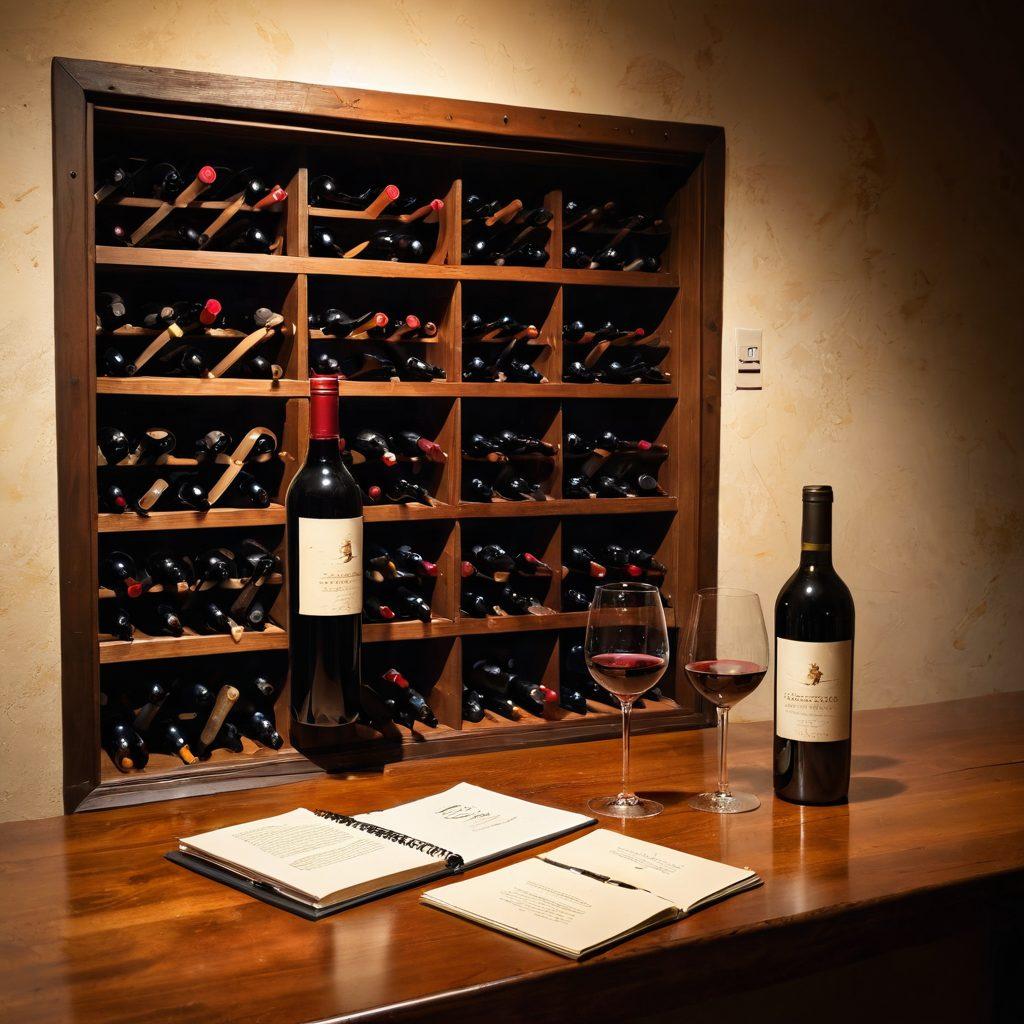 A sophisticated wine cellar filled with various bottles of wine, emphasizing the concept of security with an artistic lock on the cellar door. Include a notepad with the title 'Secure Your Sip' and a glass of wine placed on a polished wooden table, exuding a sense of professionalism and care. Soft, warm lighting fills the scene, inviting viewers into the world of wine business insurance. super-realistic. warm colors. elegant ambiance.